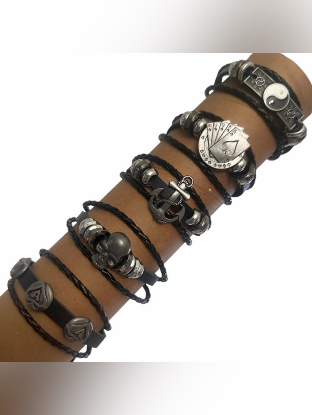 Bracelets x5 OS Anchor Skull Ying Yang Poker Cards Woven Cord Black Faux Leather